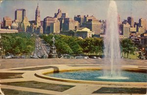 The Benjamin Franklin Parkway, Philadelphia, PA on a postcard dated Jan. 28, 1955.