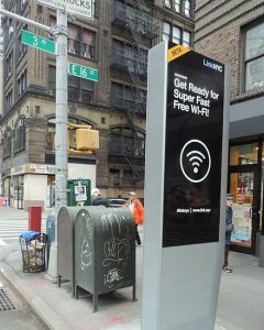 Photo showing typical LinkNYC unit at the corner of 3rd Avenue and E 16th Street in New York City.